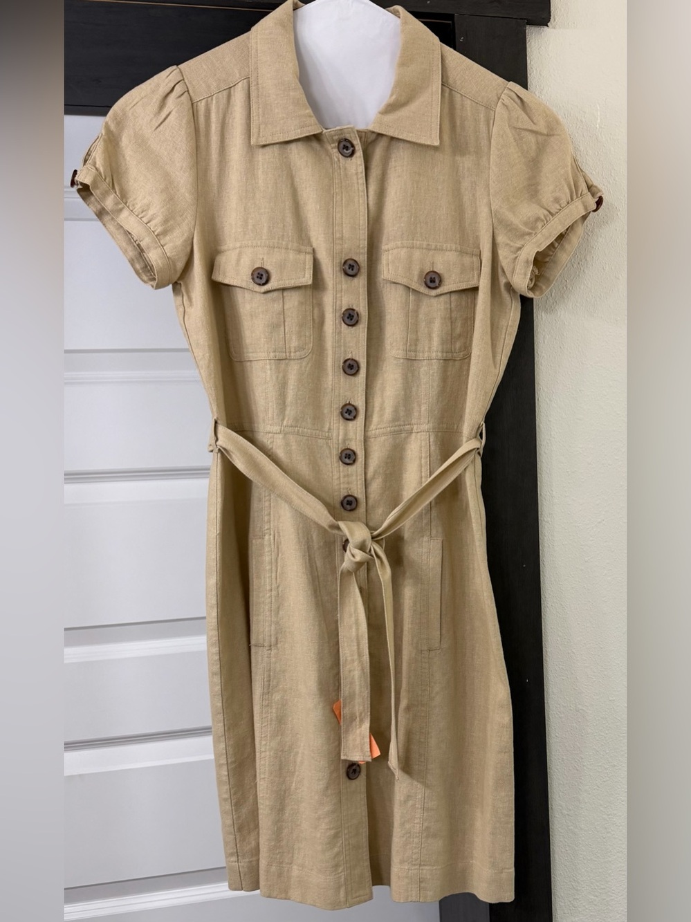 Boston Proper Khaki Short-Sleeve Belted Shirt Dress Women’s Size 4